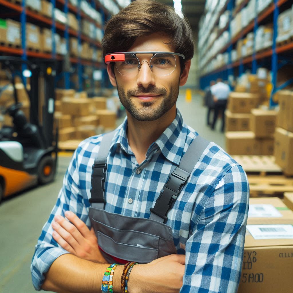 a warehouse worker with Google Glass on his eyes a warehouse worker with Google Glass on his eyes